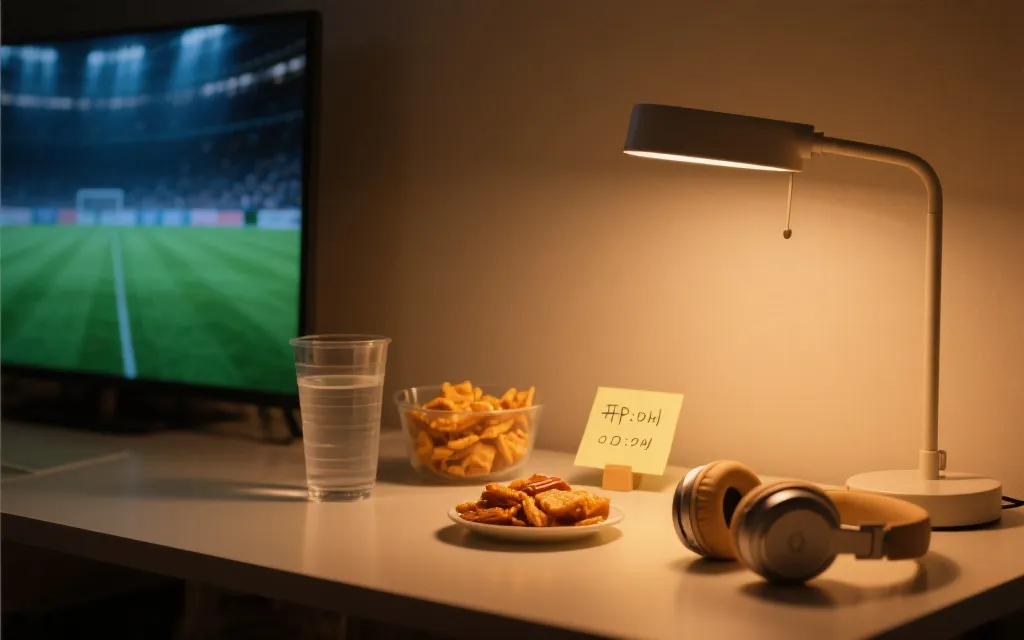 深夜安静观赛的布置：暖色小灯、耳机、零食和赛程便签